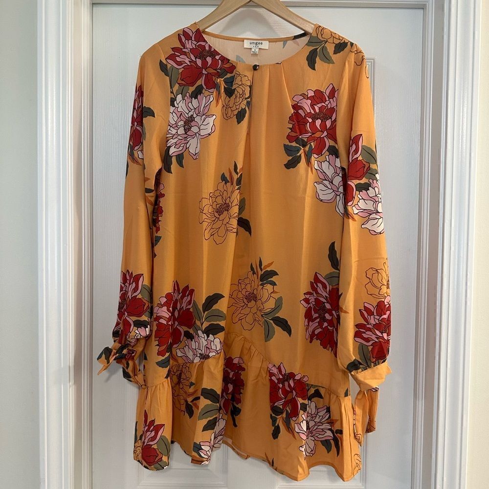 UMGEE Yellow Goldenrod Boho Mixed Floral Print Babydoll Top / Dress small